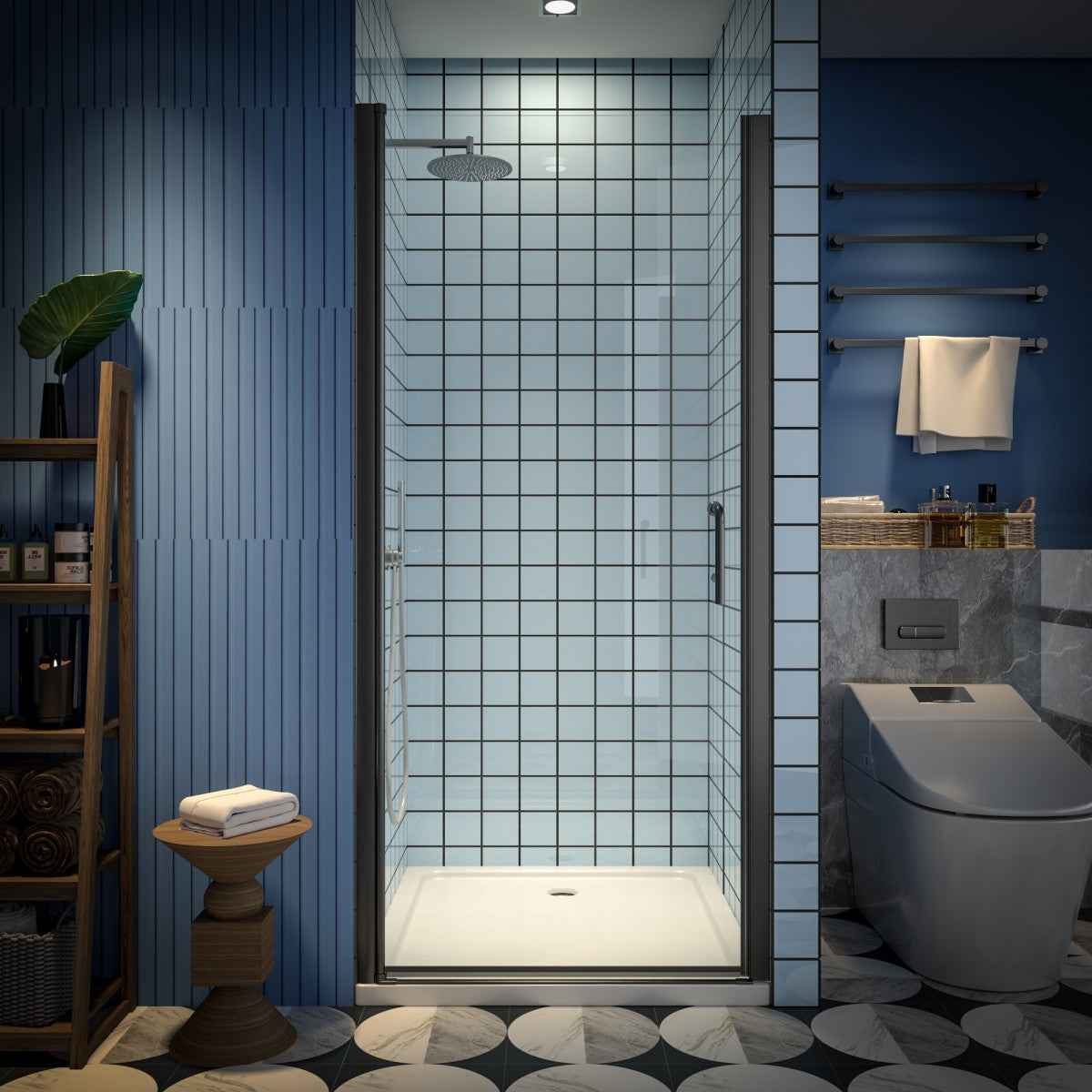 Classy 34-36" W x 72" H Hinged Pivot Semi-Frameless Shower Door Matte Black Install Glass Shower Door
