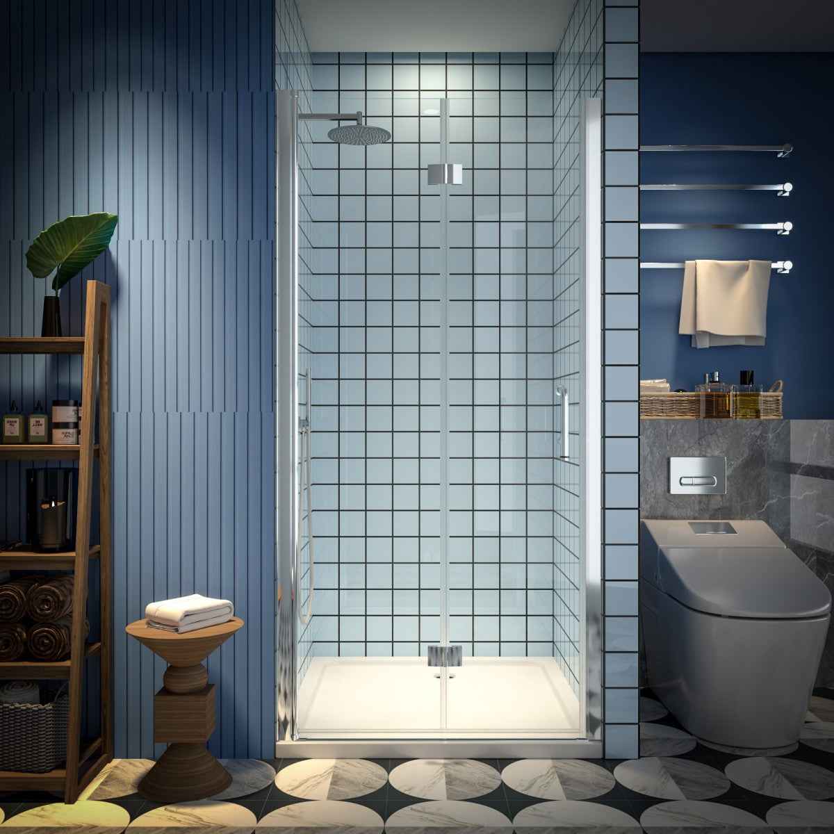 Exbrite Adapt Bifold Shower Door 36-38 in.W x 72 in.H Pivot Swing Shower Doors,Chrome,Clear Tempered Glass