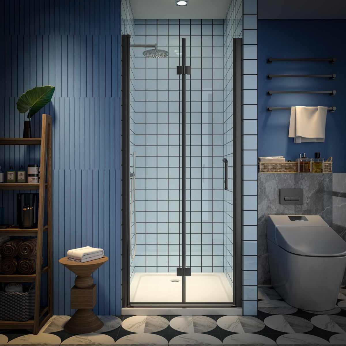 Exbrite Adapt Bifold Shower Door 32-34 in.W x 72 in.H Pivot Swing Shower Doors,Matte Black,Tempered Shower Glass - ExBriteUSA