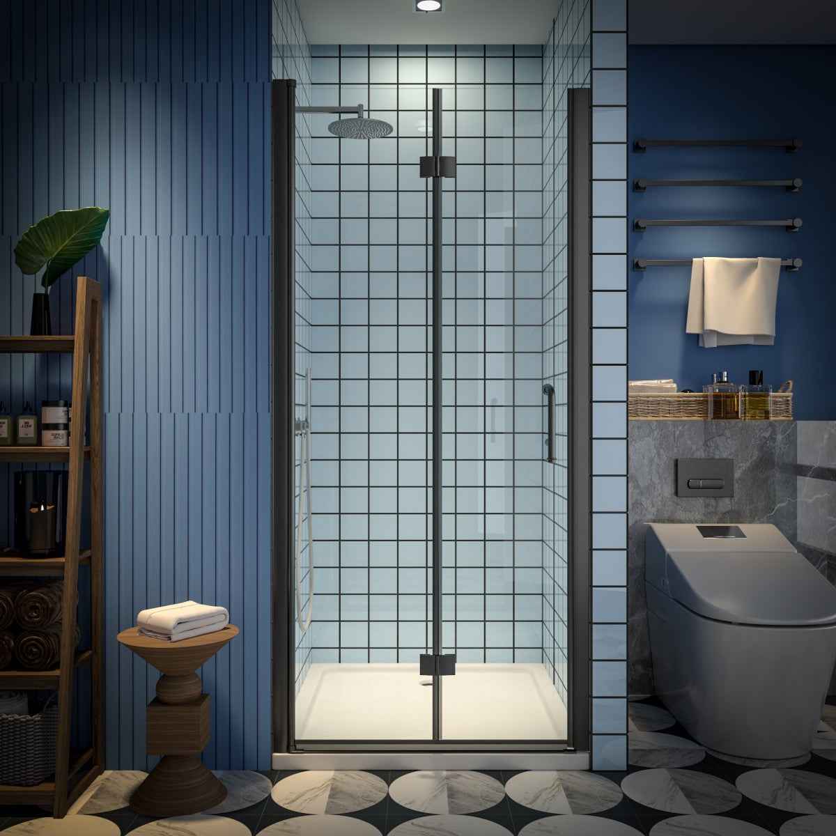 Exbrite Adapt Bifold Shower Door 34-36 in.W x 72 in.H Pivot Swing Shower Doors,Matte Black,Clear Tempered Glass