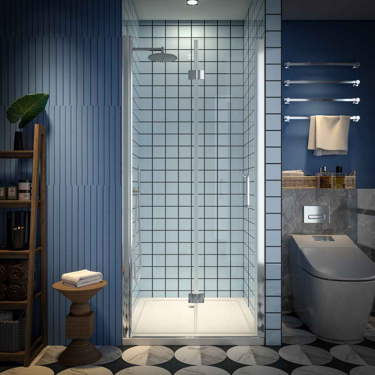 Exbrite Adapt Bifold Shower Door 34-36 in.W x 72 in.H Pivot Swing Shower Doors,Chrome,Clear Tempered Shower Glass