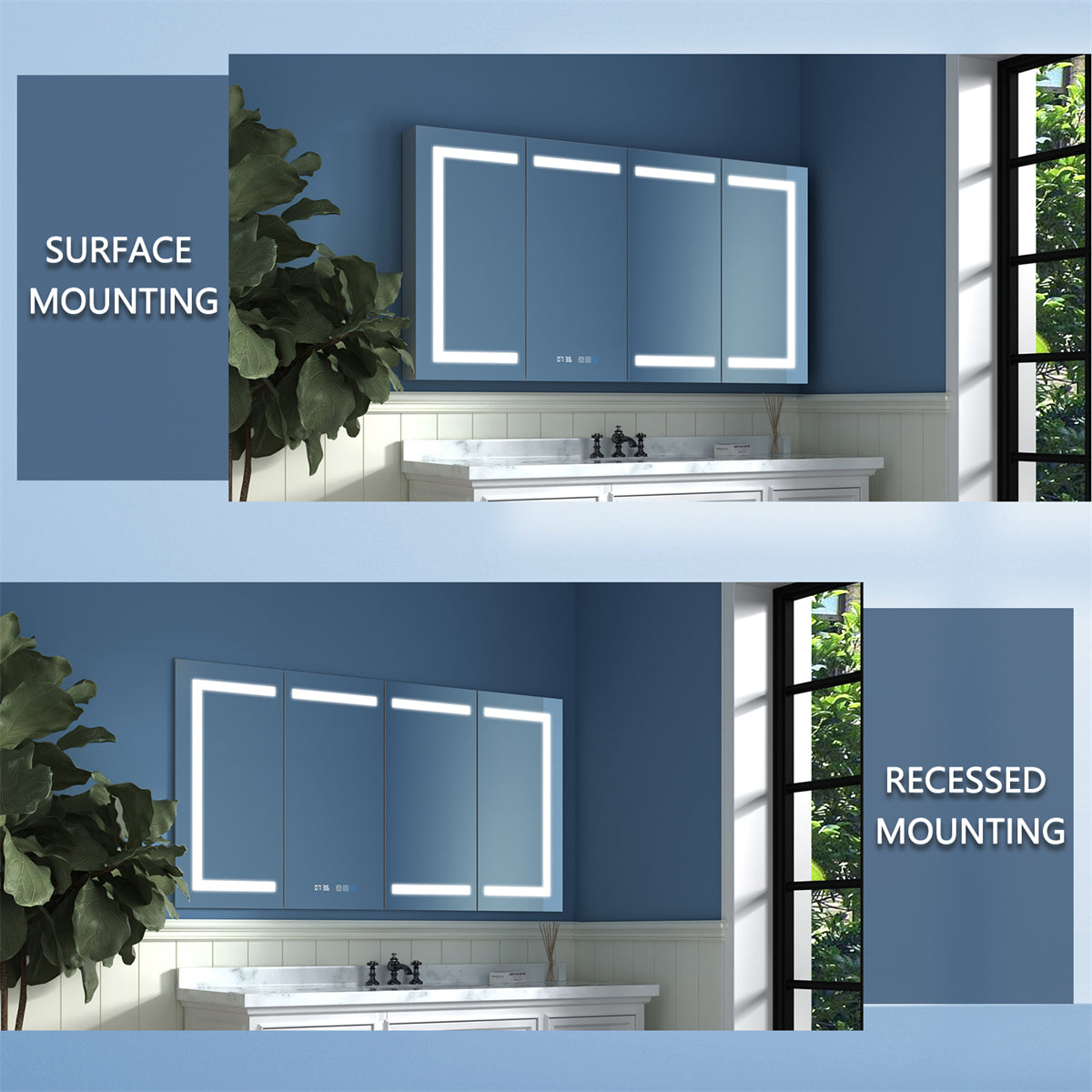 Boost-M2 60" W x 32" H LED Lighted Bathroom Medicine Cabinet with Mirror Recessed or Surface led Medicine Cabinet