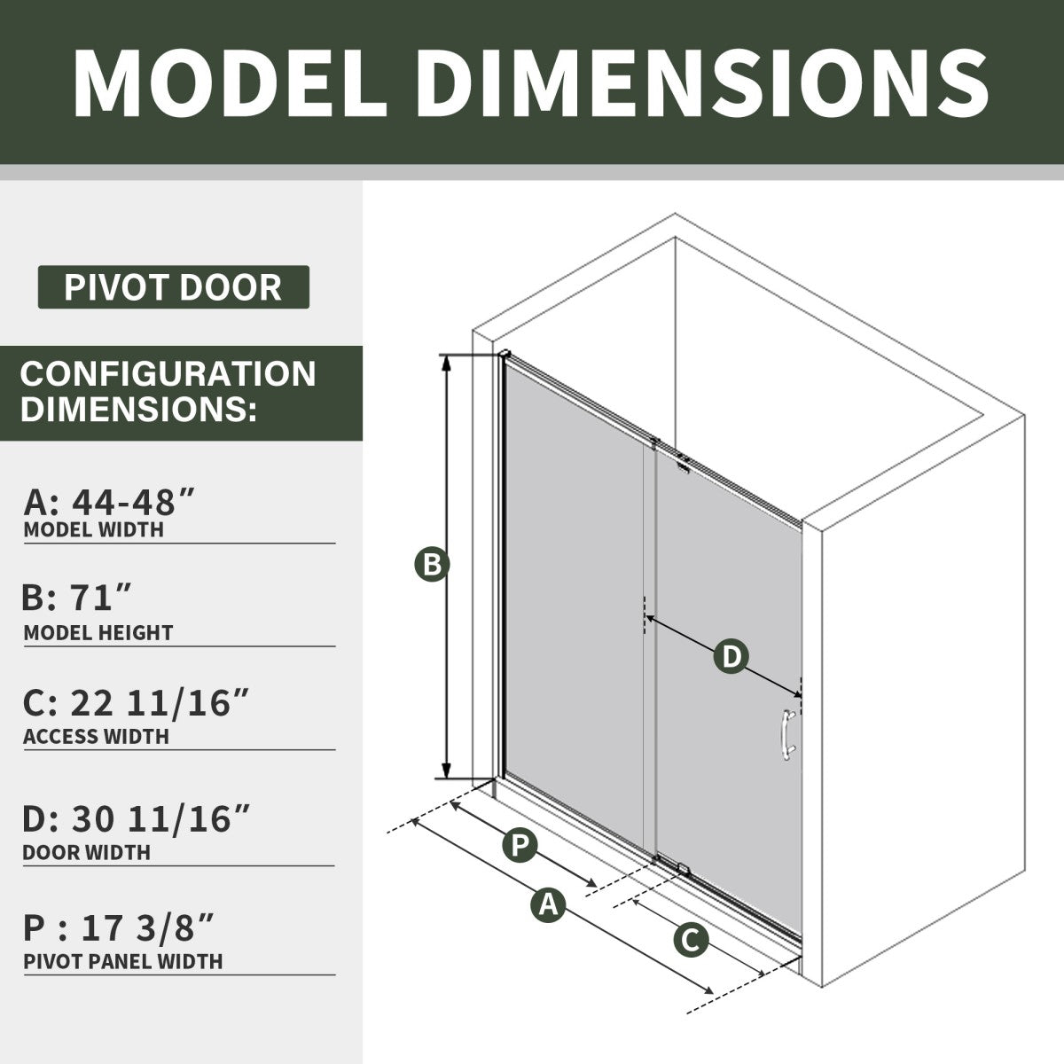 Flexi 44 - 48"x71" Frameless Shower Door in Brushed Nickel,Water Repellent Glass with Seal Strip Parts and Handle,6mm Glass Shower Door