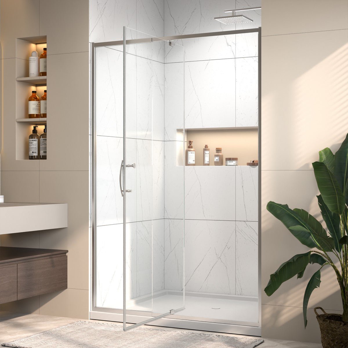 Flexi 44 - 48"x71" Frameless Shower Door in Brushed Nickel,Water Repellent Glass with Seal Strip Parts and Handle,6mm Glass Shower Door