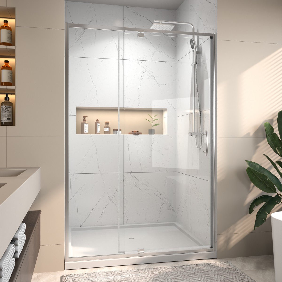 Flexi 44 - 48"x71" Frameless Shower Door in Brushed Nickel,Water Repellent Glass with Seal Strip Parts and Handle,6mm Glass Shower Door