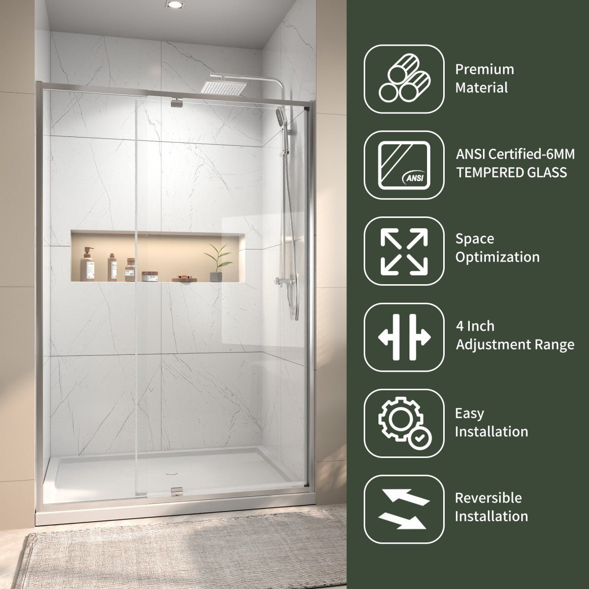 Flexi 44 - 48"x71" Frameless Shower Door in Brushed Nickel,Water Repellent Glass with Seal Strip Parts and Handle,6mm Glass Shower Door