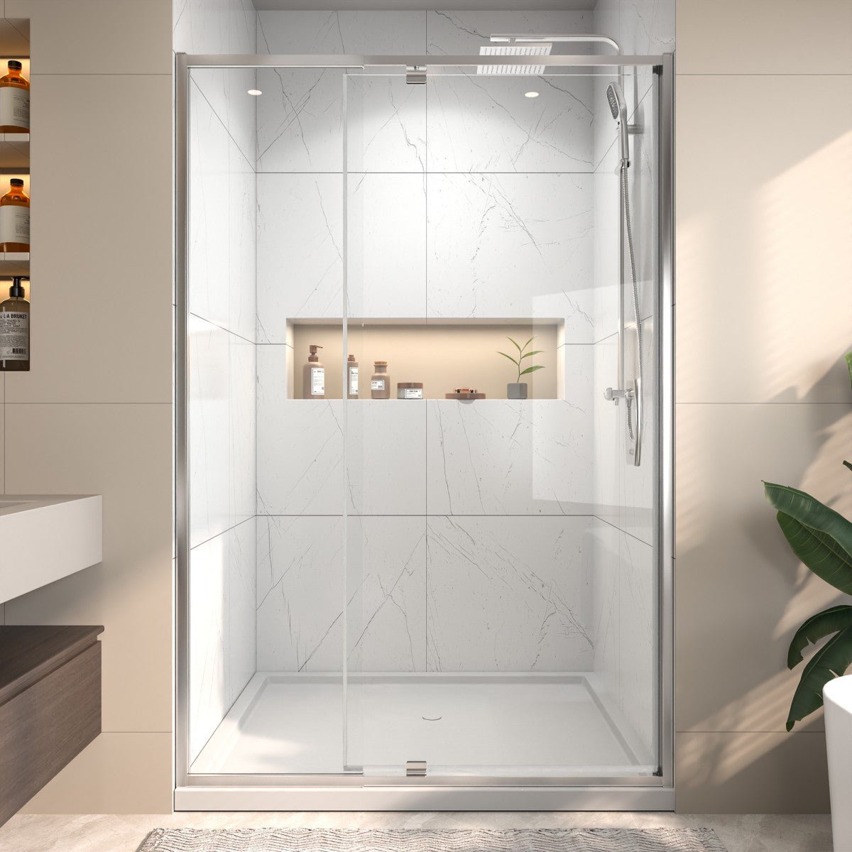 Flexi 44 - 48"x71" Frameless Shower Door in Brushed Nickel,Water Repellent Glass with Seal Strip Parts and Handle,6mm Glass Shower Door