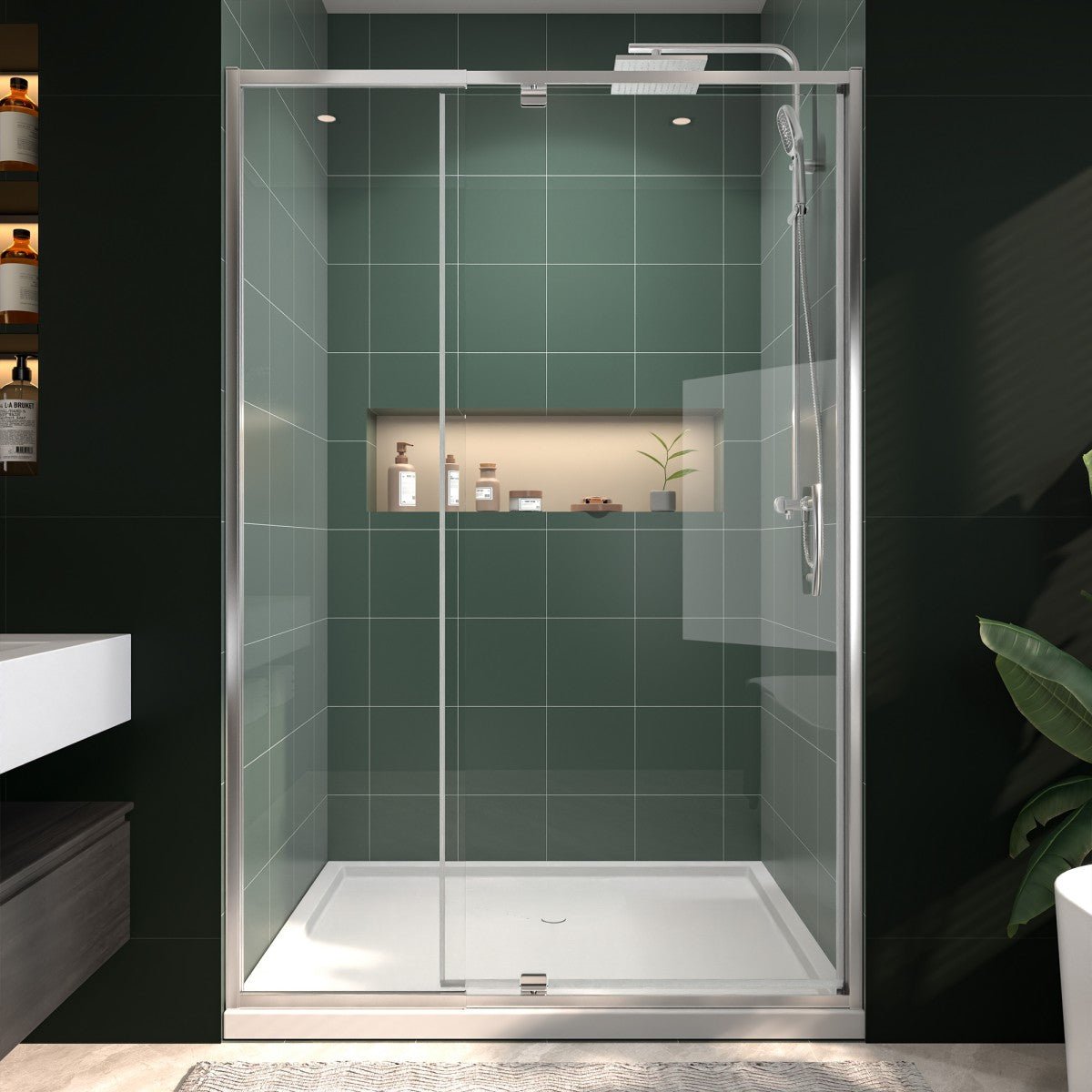 Flexi 44 - 48"x71" Frameless Shower Door in Brushed Nickel,Water Repellent Glass with Seal Strip Parts and Handle,6mm Glass Shower Door