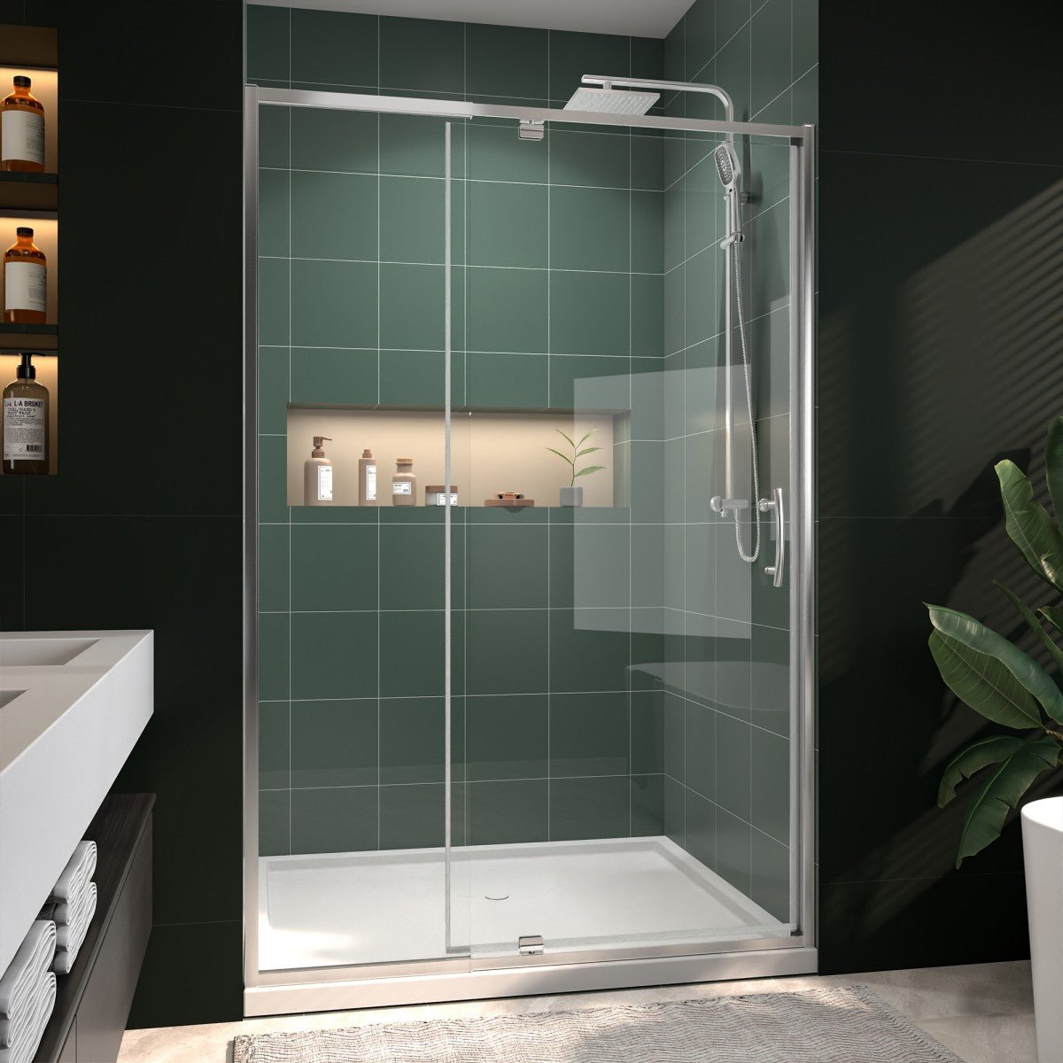 Flexi 44 - 48"x71" Frameless Shower Door in Brushed Nickel,Water Repellent Glass with Seal Strip Parts and Handle,6mm Glass Shower Door
