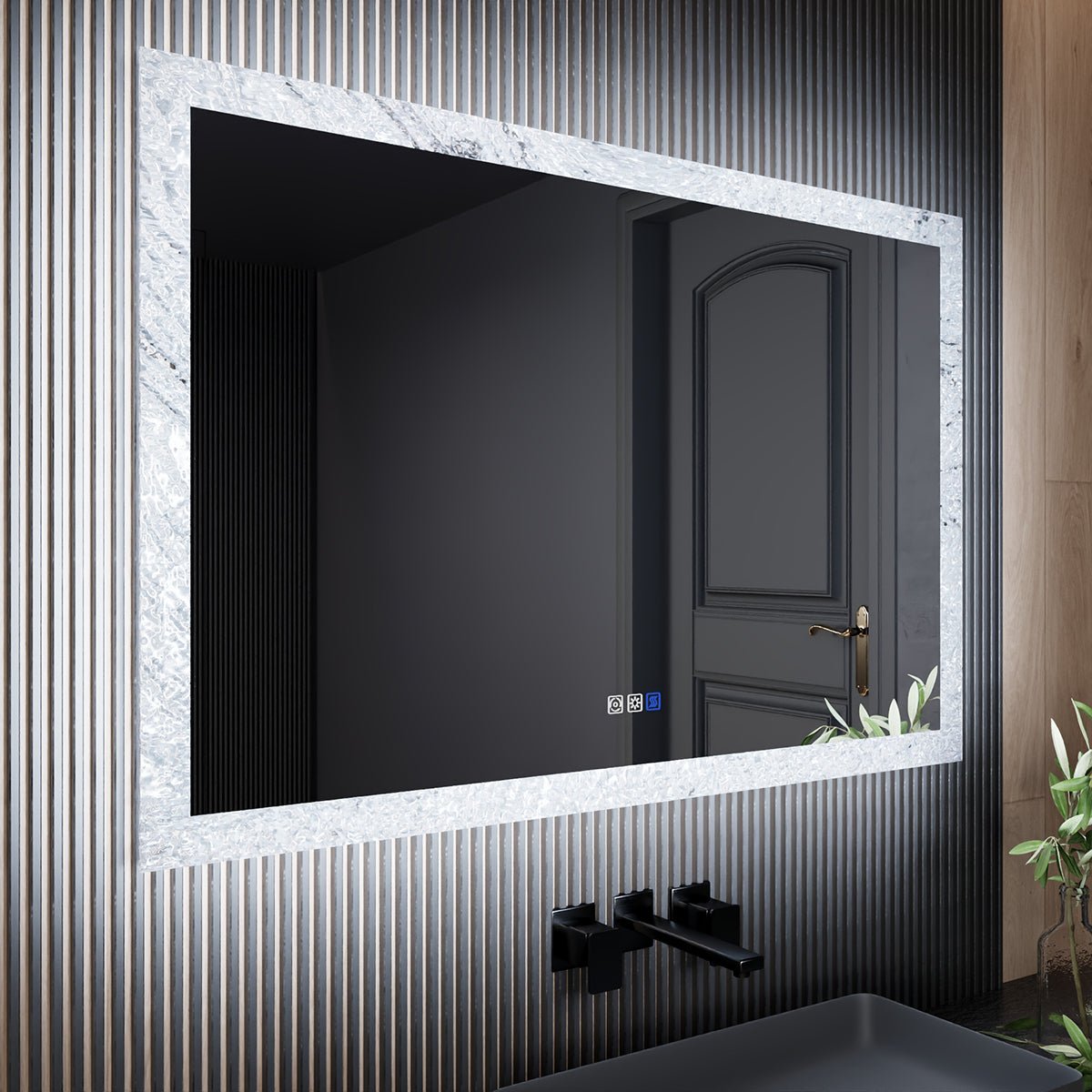 Glacy Series 48" x 32" Rectangle LED Bathroom Mirror – Ice Textures Edge, Smart Dimming, Defogger, ETL Certified