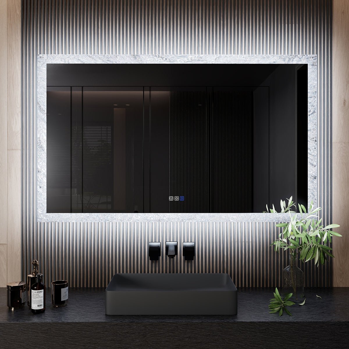 Glacy Series 60" x 36" Rectangle LED Bathroom Mirror – Ice Textures Edge, Smart Dimming, Defogger, ETL Certified