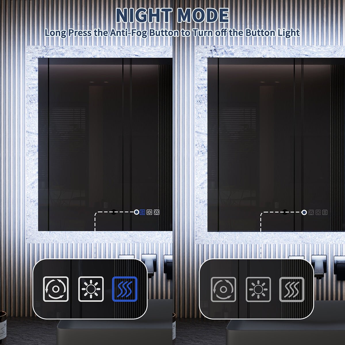 Glacy Series 60" x 36" Rectangle LED Bathroom Mirror – Ice Textures Edge, Smart Dimming, Defogger, ETL Certified