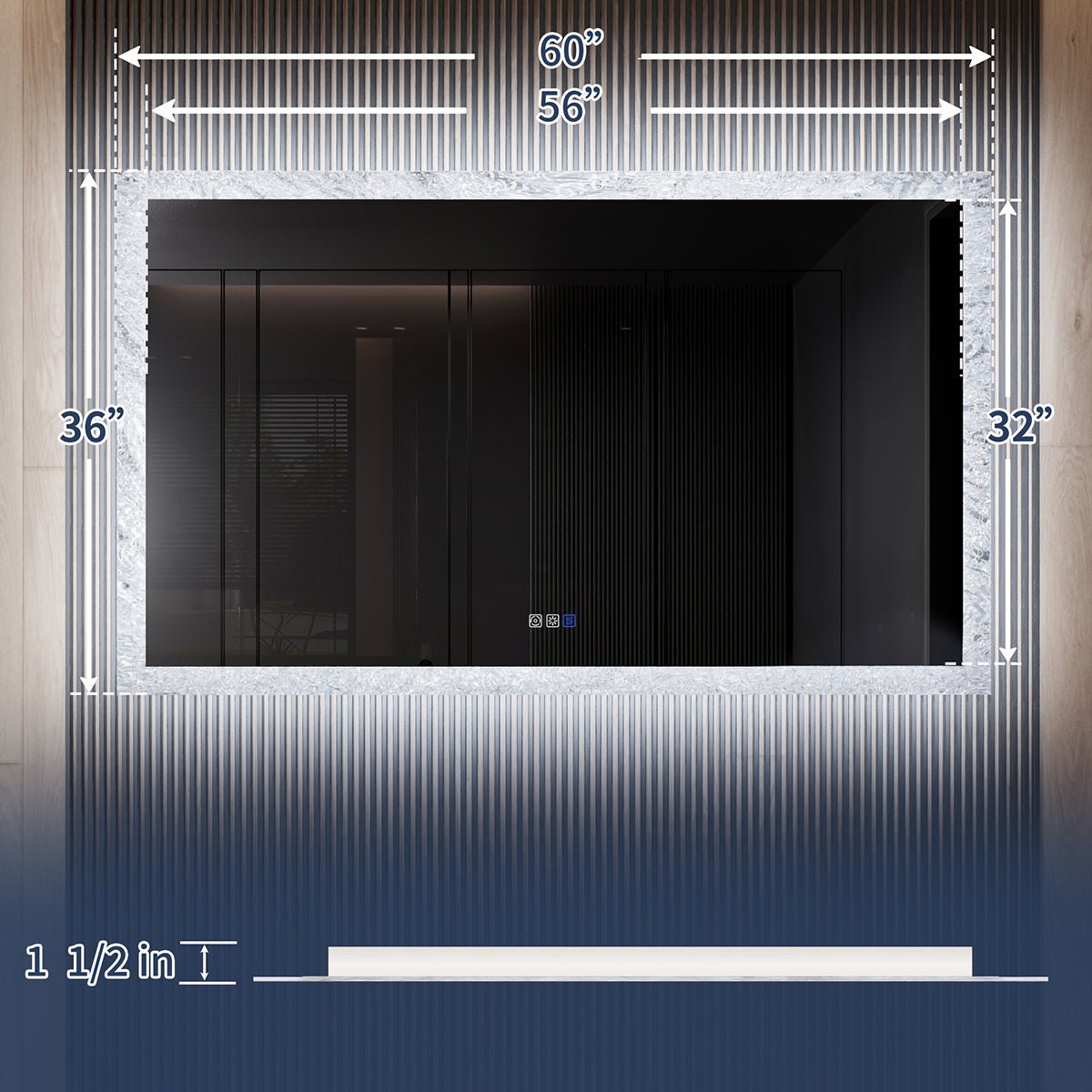 Glacy Series 60" x 36" Rectangle LED Bathroom Mirror – Ice Textures Edge, Smart Dimming, Defogger, ETL Certified