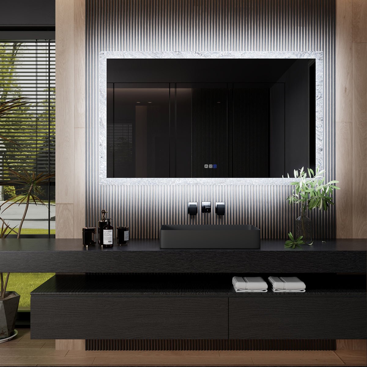 Glacy Series 60" x 36" Rectangle LED Bathroom Mirror – Ice Textures Edge, Smart Dimming, Defogger, ETL Certified