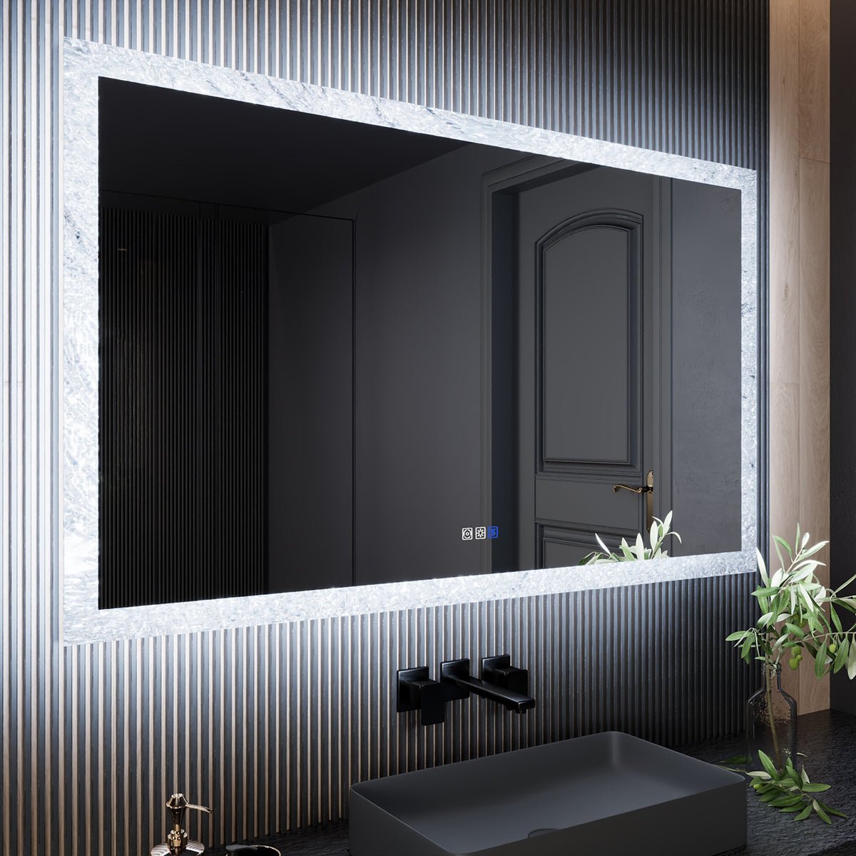 Glacy Series 60" x 36" Rectangle LED Bathroom Mirror – Ice Textures Edge, Smart Dimming, Defogger, ETL Certified