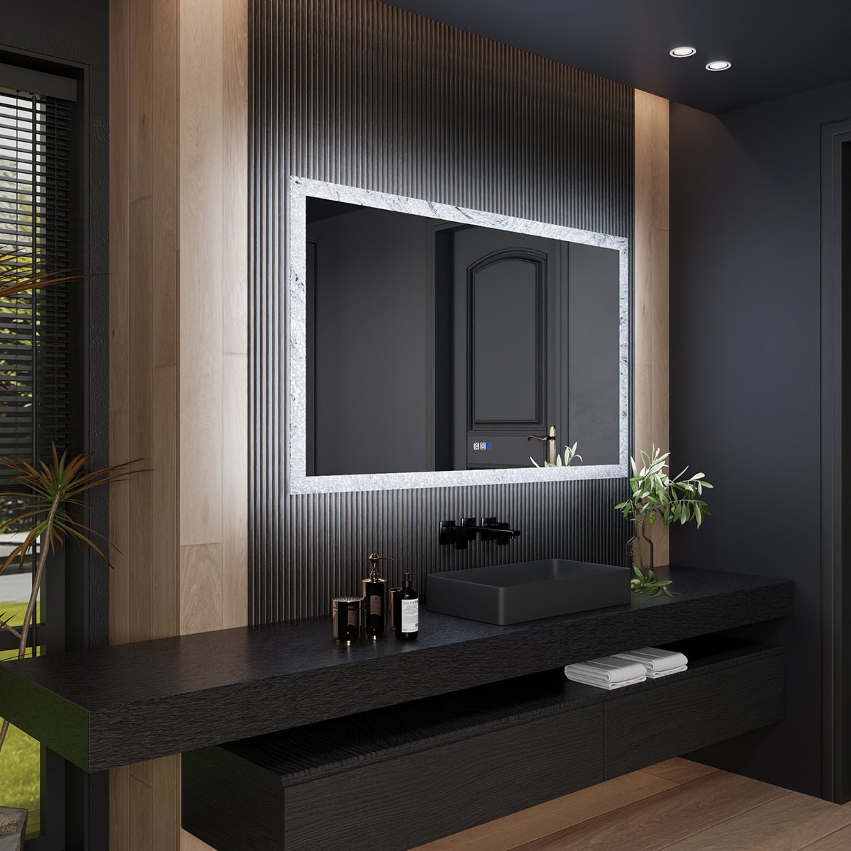 Glacy Series 60" x 36" Rectangle LED Bathroom Mirror – Ice Textures Edge, Smart Dimming, Defogger, ETL Certified