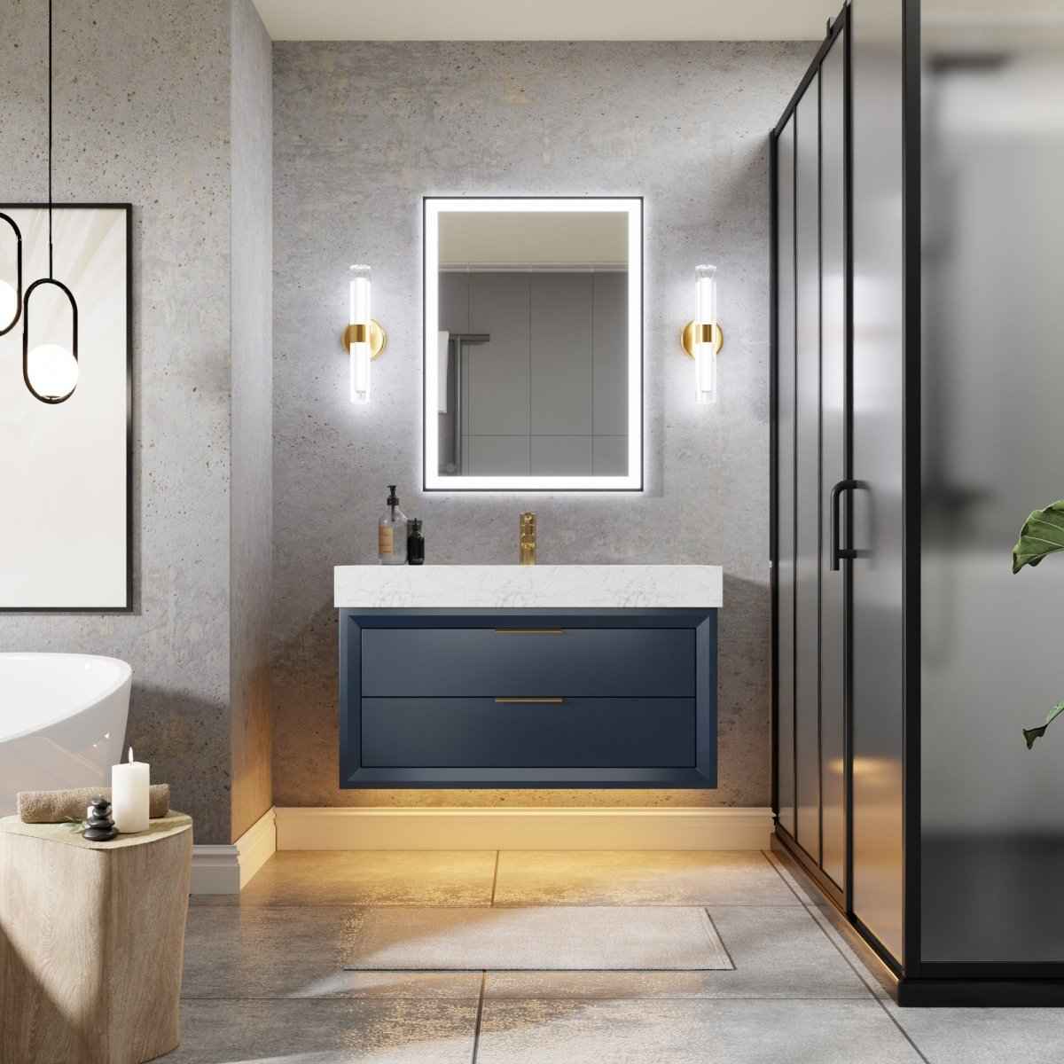 Glam 36" (Only VanityBase)Modern Floating Blue Rubberwood Bathroom Vanity Cabinet with Lights and Stone Slab Countertop, Single Sinks