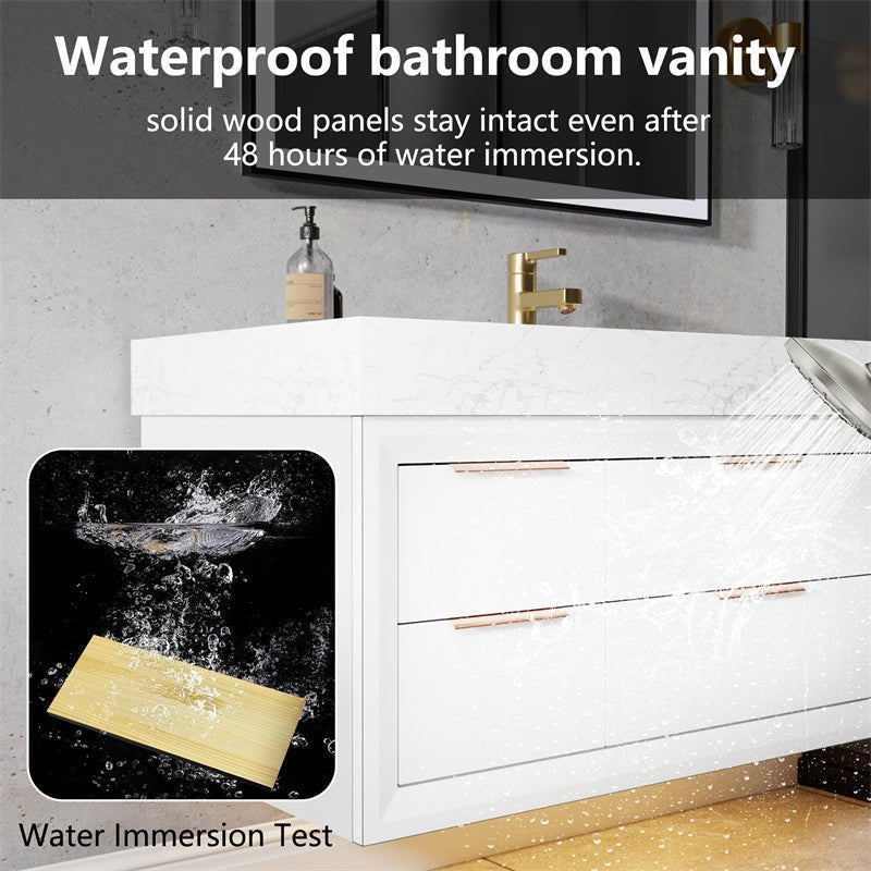 Glam 48" modern floating white bathroom vanity with waterproof features and stone slab countertop.