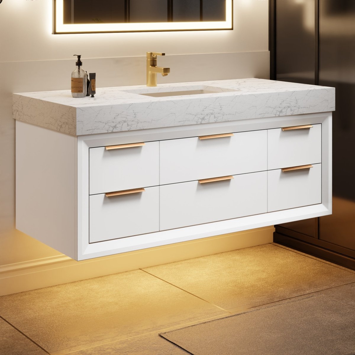 Glam 48" modern floating white rubberwood bathroom vanity with stone slab countertop and single sink.