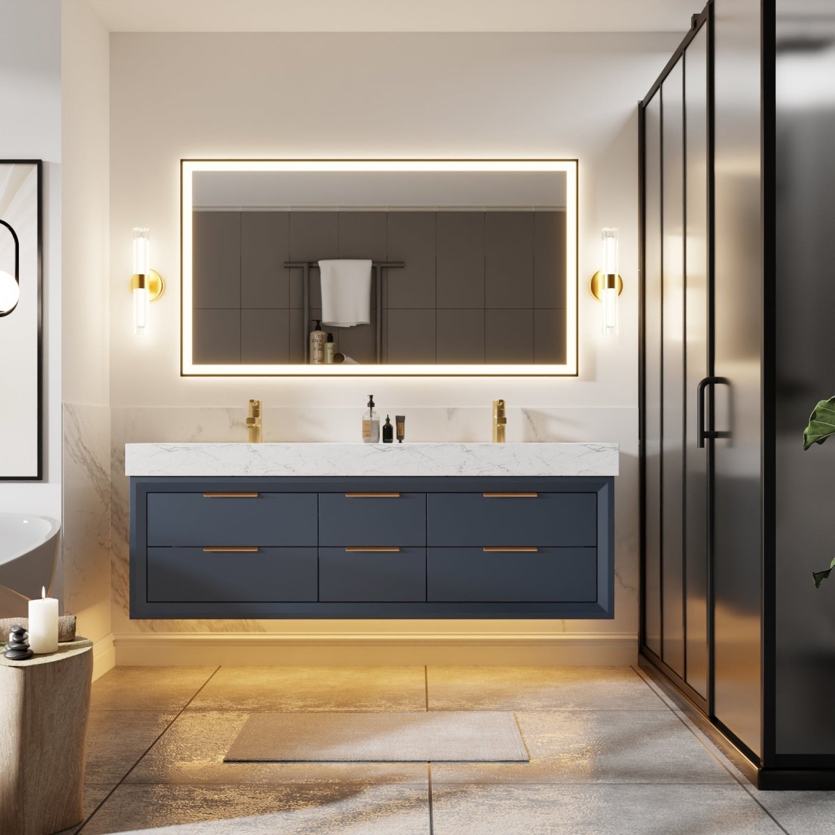 Glam 60" Modern Floating Rubberwood Bathroom Vanity Cabinet with Lights and Stone Slab Countertop in Blue