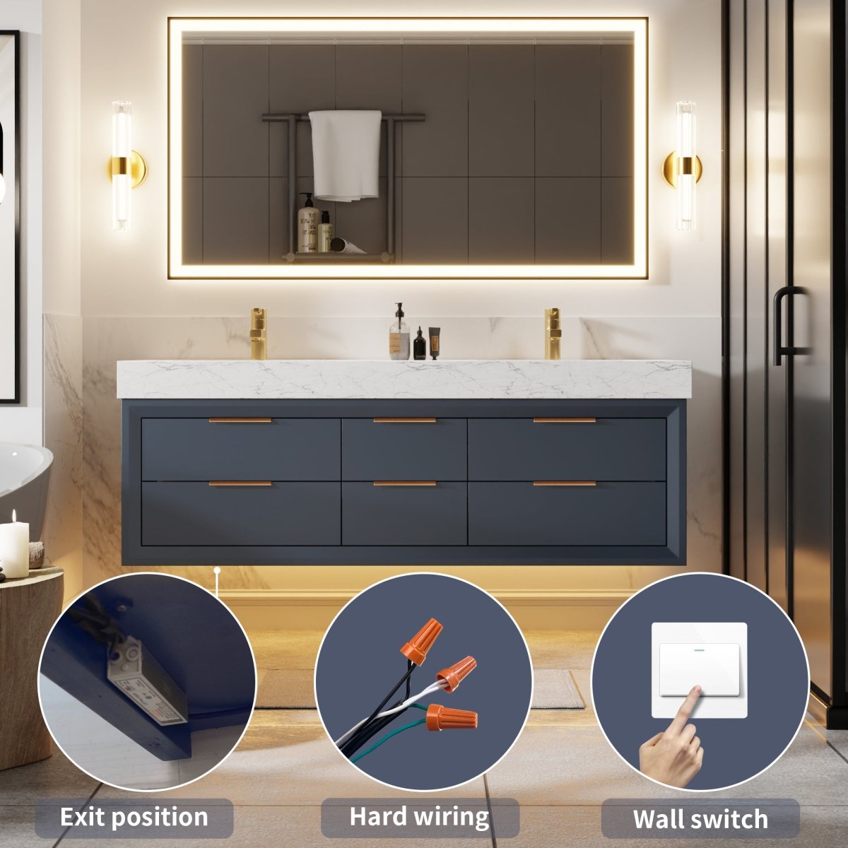 Glam 60" Modern Floating Rubberwood Bathroom Vanity Cabinet with Lights and Stone Slab Countertop in Blue