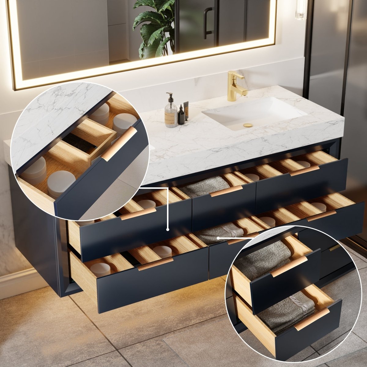 Glam 60" Modern Floating Rubberwood Bathroom Vanity Cabinet with Lights and Stone Slab Countertop in Blue