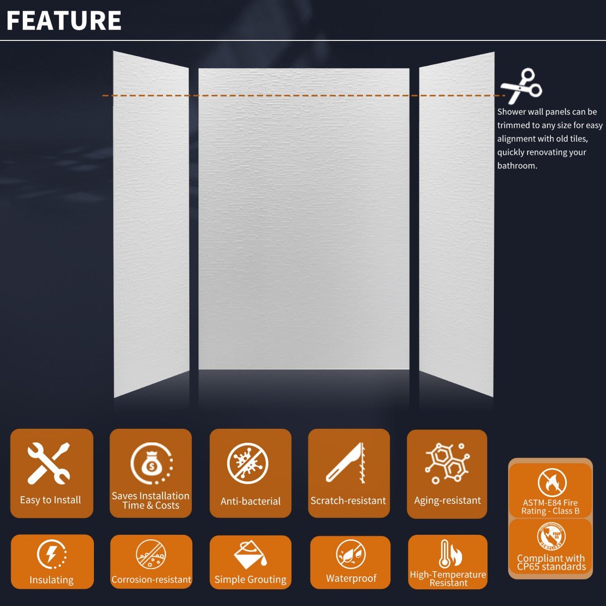 Huck - C Solid Surface 60" W x 76" H Tile Tub and Shower Wall Panel Surround, Quick Install,Cuttable,Textured Concrete,32in