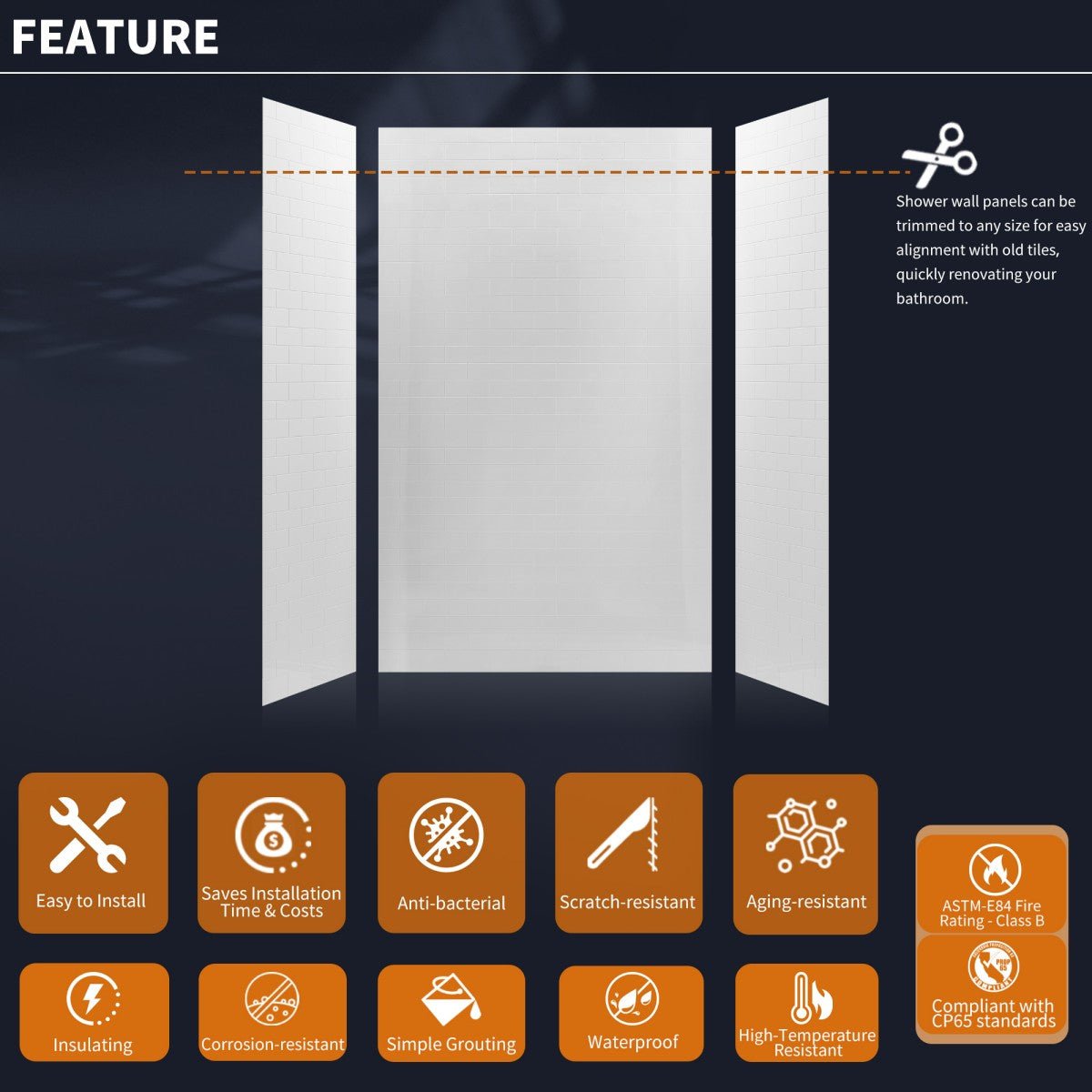 Huck - S Solid Surface 60" W x 76" H Tile Tub and Shower Wall Panel Surround, Quick Install,Cuttable,Small Tile Pattern,32in