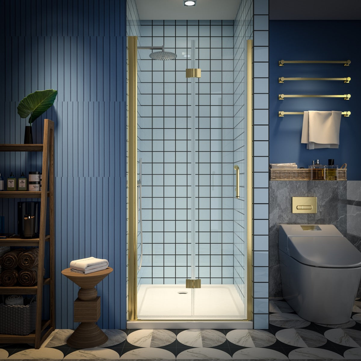 Exbrite Adapt Bifold Shower Door 32-34 in.W x 72 in.H Pivot Swing Shower Doors,Brushed Gold,Tempered Shower Glass - ExBriteUSA