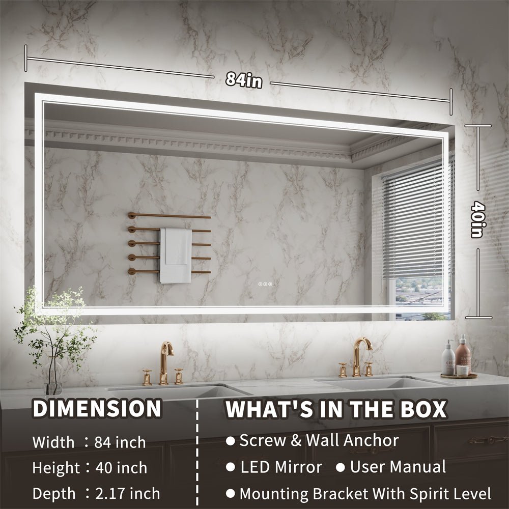 Linea 84" W x 40" H LED Heated Bathroom Mirror,Anti Fog,Dimmable,Front - Lighted and Backlit, Tempered Glass