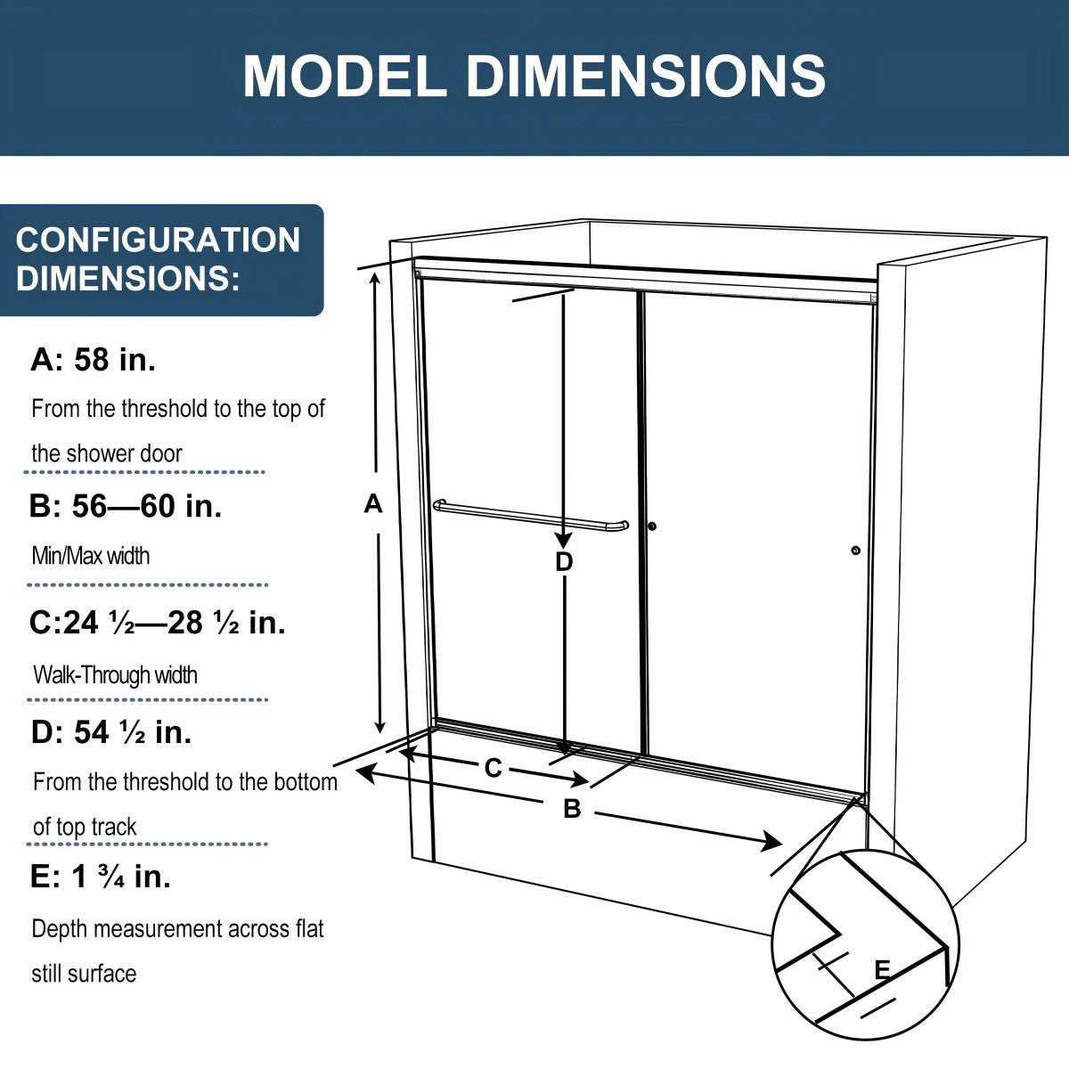 Mirage 56 - 60" Semi - Frameless Double Sliding Tub Door,Bypass Bathtub Shower Tempered Glass Door,Explosion - Proof Film,Matte Black