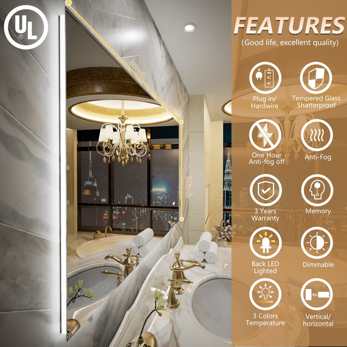 Navi LED Bathroom Mirror 48" x 30" with Backlit,Mirror with Lights Wall Mounted Anti Fog,Led Mirror for Bathroom,HD Tempered Glass,Shatter - Proof