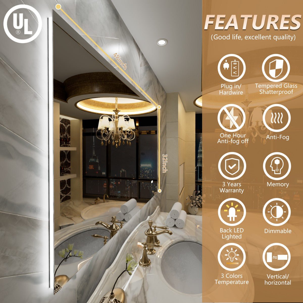 Navi LED Bathroom Mirror 48" x 32" with Backlit,Mirror with Lights Wall Mounted Anti Fog,Led Mirror for Bathroom,HD Tempered Glass,Shatter - Proof