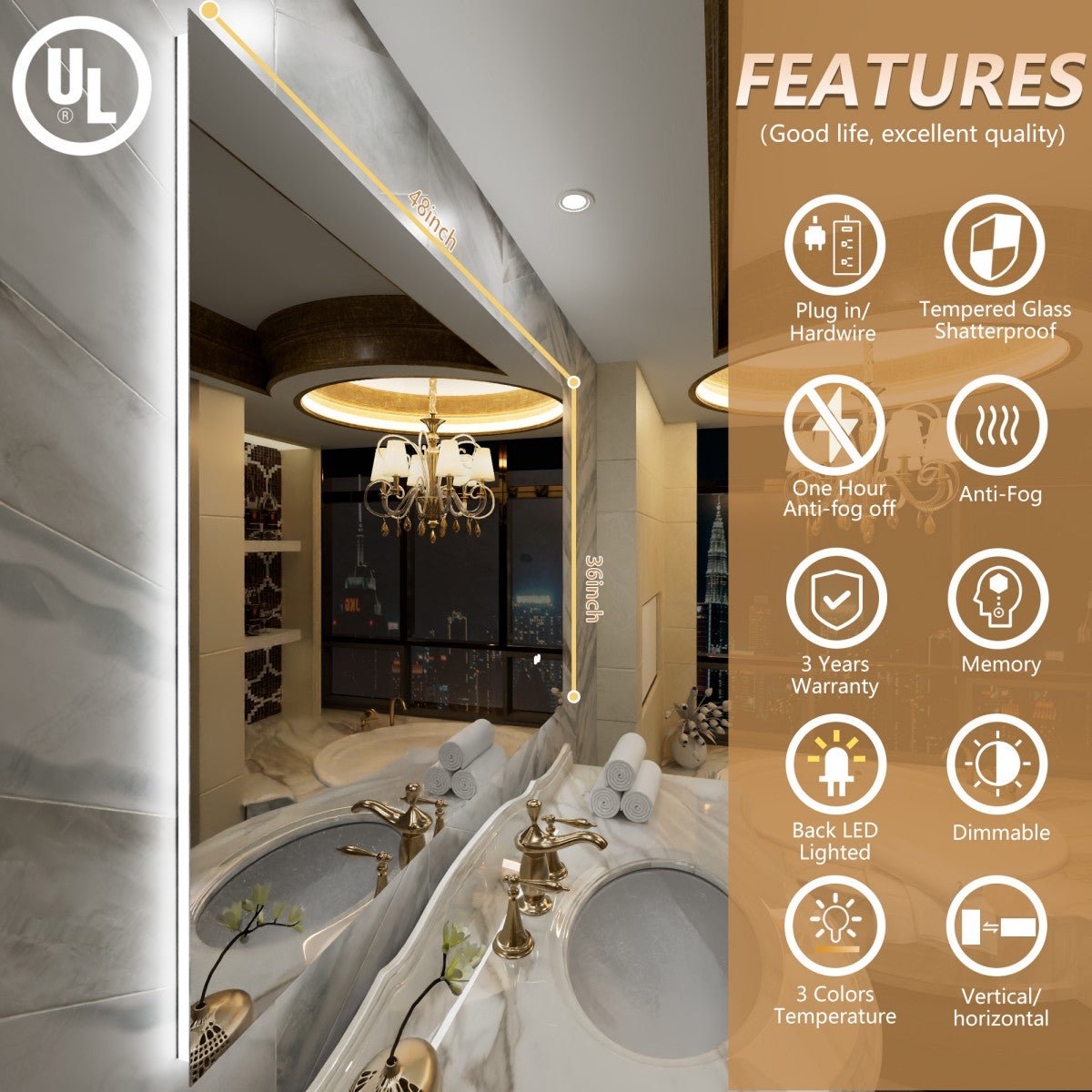 Navi LED Bathroom Mirror 48" x 36" with Backlit,Mirror with Lights Wall Mounted Anti Fog,Led Mirror for Bathroom,HD Tempered Glass,Shatter - Proof