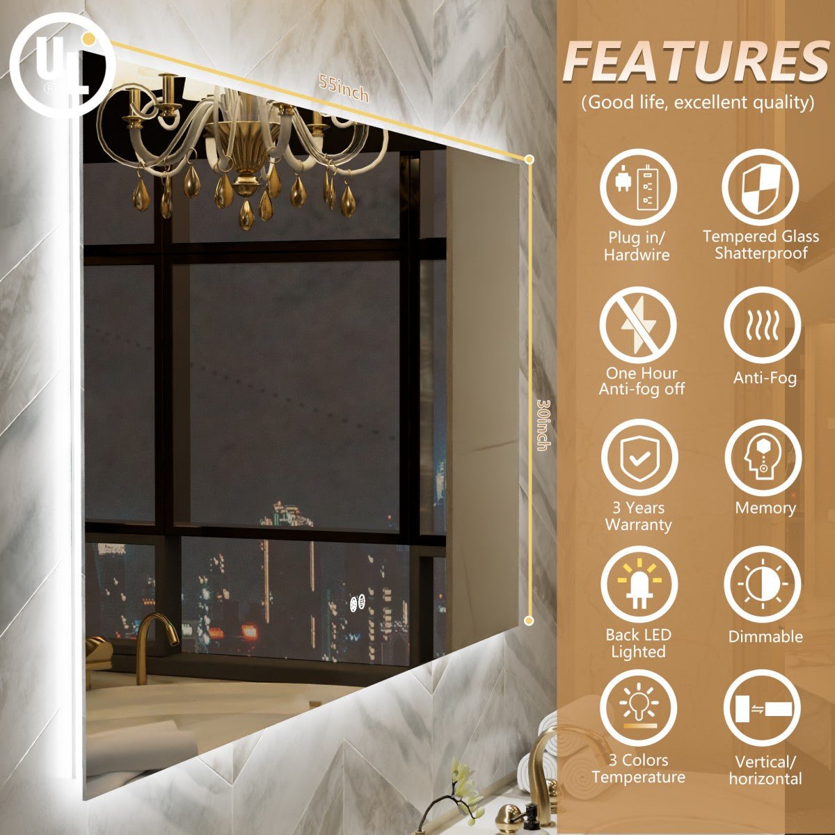 Navi LED Bathroom Mirror 55" x 30" with Backlit,Mirror with Lights Wall Mounted Anti Fog,Led Mirror for Bathroom,HD Tempered Glass,Shatter - Proof