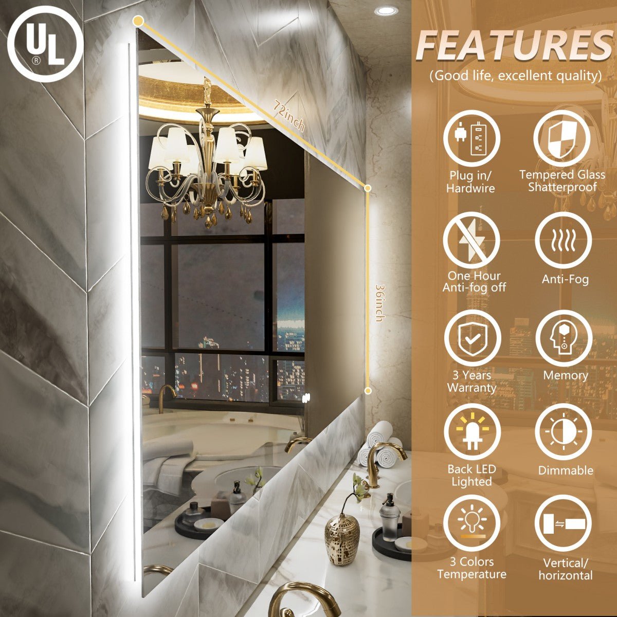 Navi LED Bathroom Mirror 72" x 36" with Backlit,Mirror with Lights Wall Mounted Anti Fog,Led Mirror for Bathroom,HD Tempered Glass,Shatter - Proof