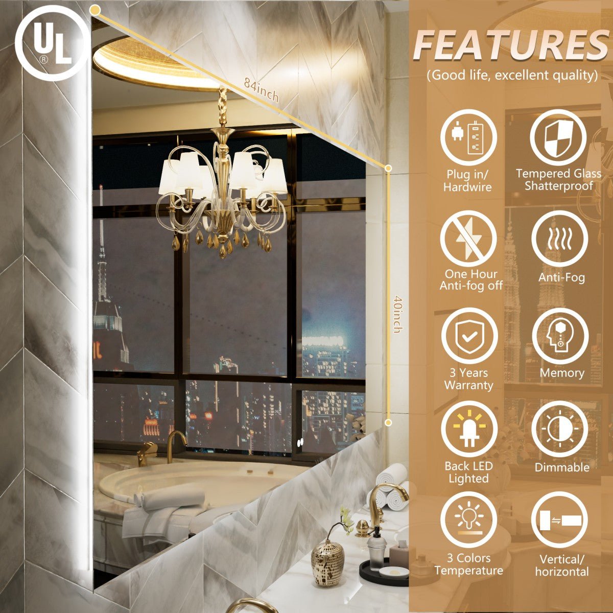 Navi LED Bathroom Mirror 84" x 40" with Backlit,Mirror with Lights Wall Mounted Anti Fog,Led Mirror for Bathroom,HD Tempered Glass,Shatter - Proof