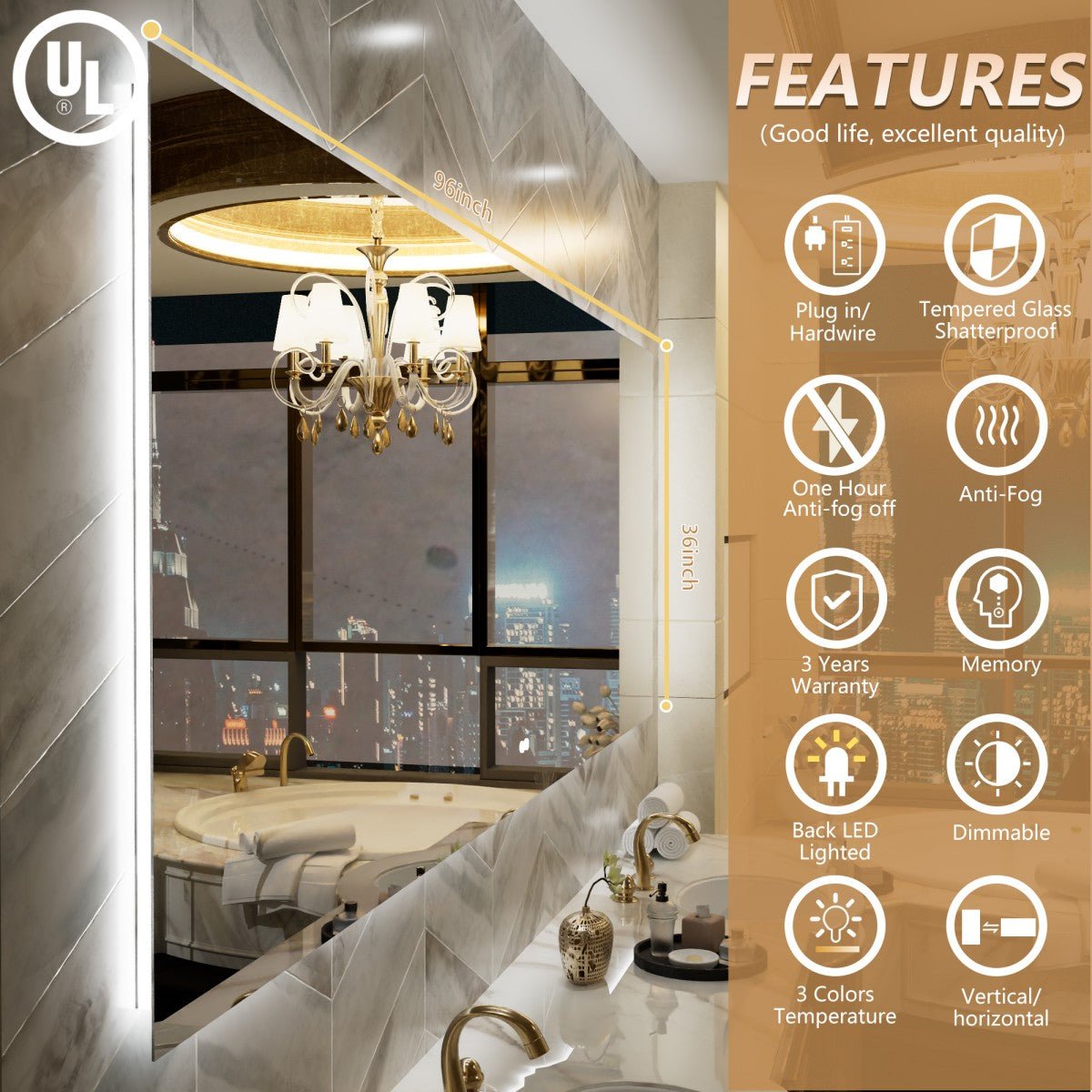 Navi LED Bathroom Mirror 96" x 36" with Backlit,Mirror with Lights Wall Mounted Anti Fog,Led Mirror for Bathroom,HD Tempered Glass,Shatter - Proof