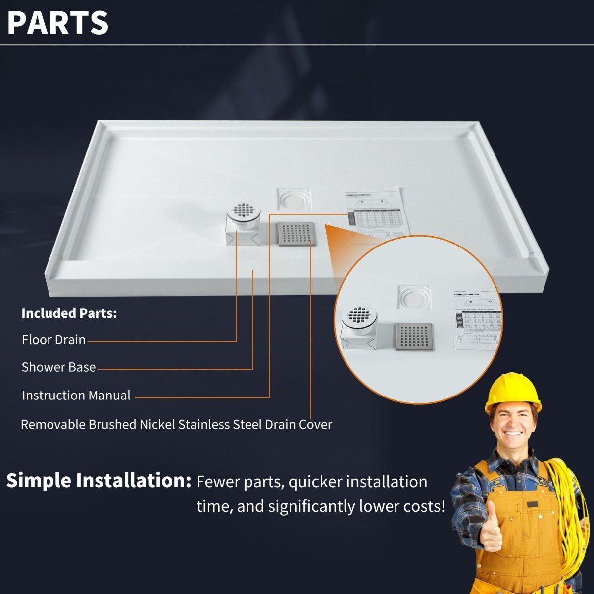 Pequod - M Shower Base, 48"x 36", White with Brushed Nickel Cover,Middle