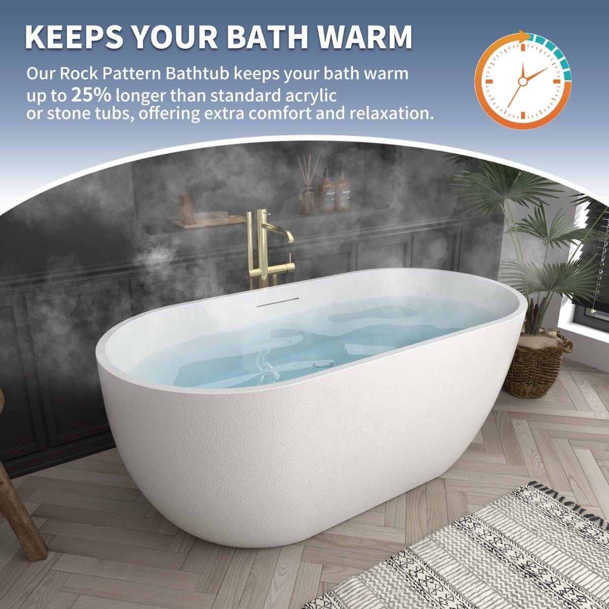RockX 59" Rock Texture New Technologies Freestanding Bathtub,White,Scratch - proof,Contemporary Soaking Tub,Large Overflow Port
