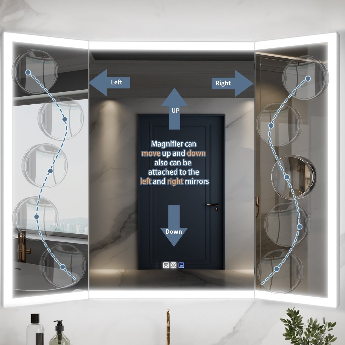 TriFold 54" W x 36" H LED Lighted Three Ways Bathroom Mirror, Front & Back Lighting, with Movable Magnifying Mirror - ExBriteUSA
