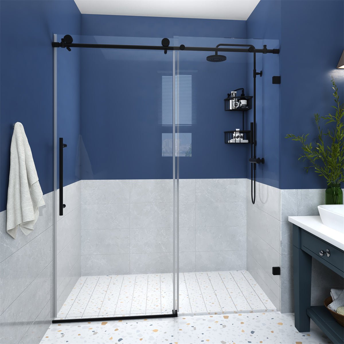 Anchor 56-60 in. W x 74 in. H Frameless Tall Shower Door Sliding Walk ...