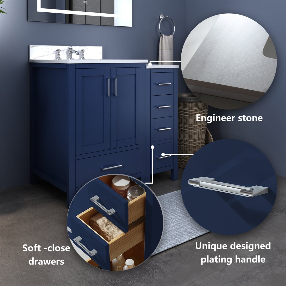 ExBrite 36'' solid oak with Engineered Stone Vanity Top Bathroom Vanity with Sink Grey Drawers Vanity Cabinet - ExBriteUSA