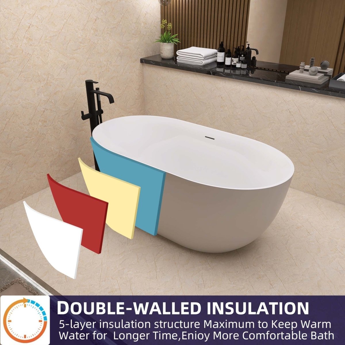ExBrite 51" Acrylic Adjustable Bathtub with Integrated Slotted Overflow and Chrome Pop-up Drain Anti-clogging Gloss White