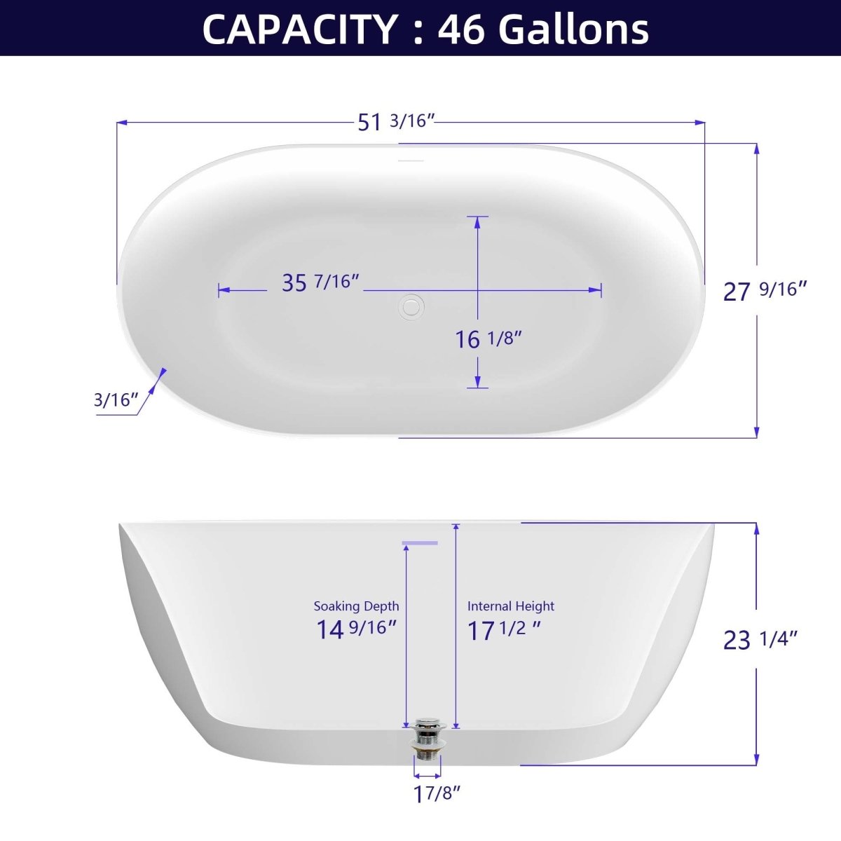 ExBrite 51" Acrylic Adjustable Bathtub with Integrated Slotted Overflow and Chrome Pop-up Drain Anti-clogging Gloss White