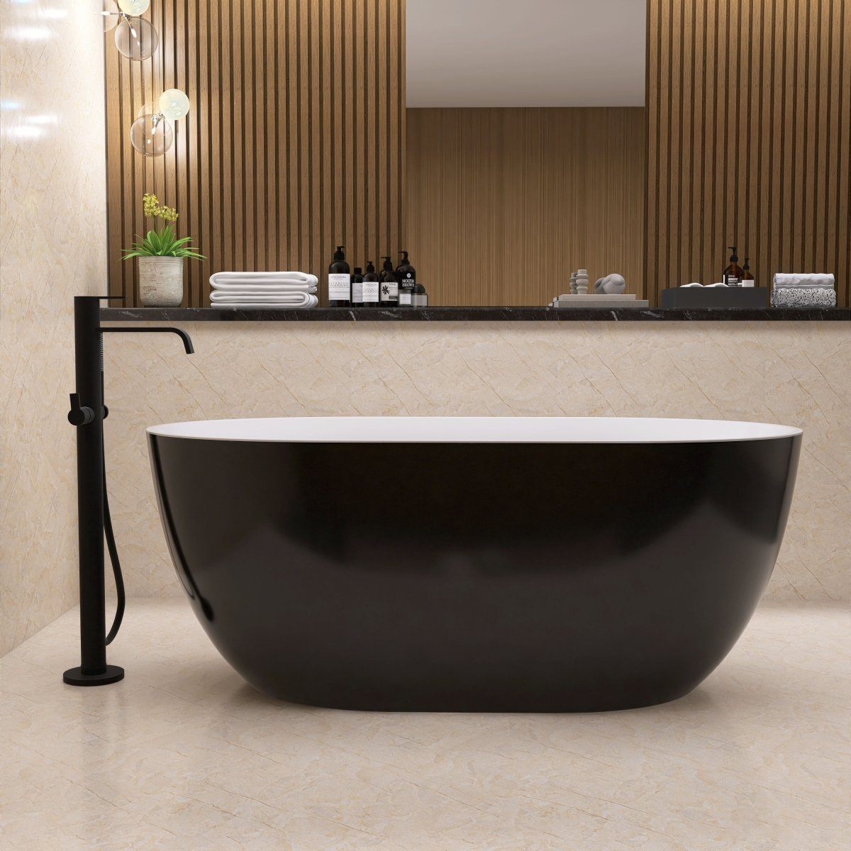 ExBrite 59" Acrylic Bathtub Free Standing Tub Oval Shape Soaking Tub Adjustable Freestanding Chrome Pop-up Drain Anti-clogging Black