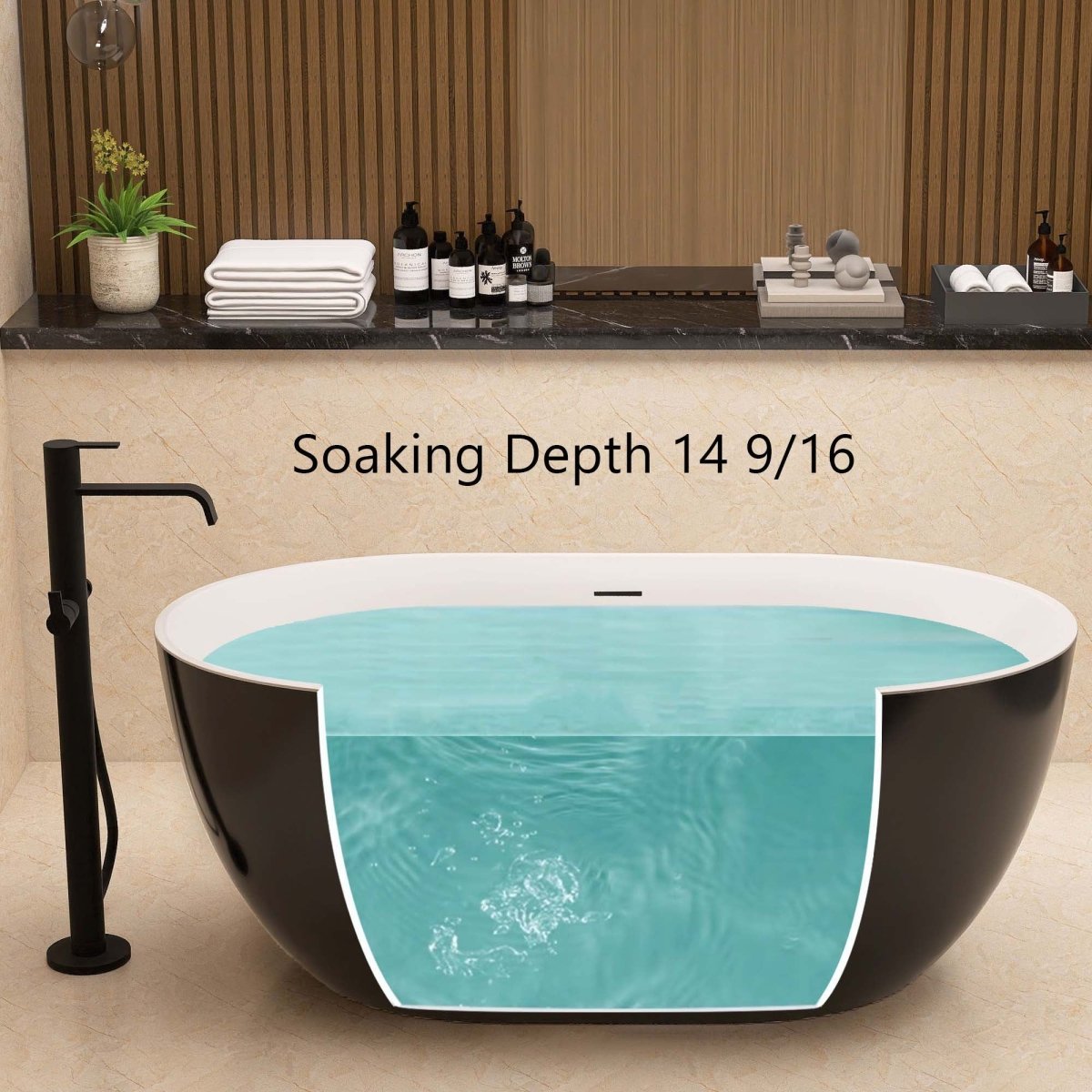 ExBrite 59" Acrylic Bathtub Free Standing Tub Oval Shape Soaking Tub Adjustable Freestanding Chrome Pop-up Drain Anti-clogging Black