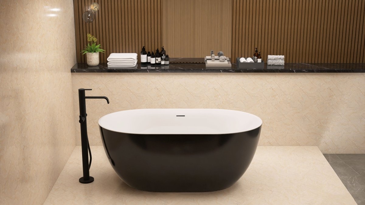 ExBrite 59" Acrylic Bathtub Free Standing Tub Oval Shape Soaking Tub Adjustable Freestanding Chrome Pop-up Drain Anti-clogging Black