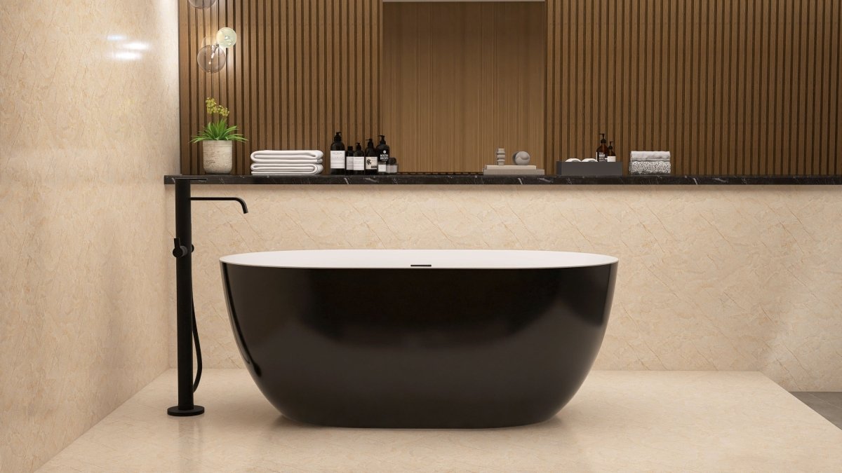 ExBrite 59" Acrylic Bathtub Free Standing Tub Oval Shape Soaking Tub Adjustable Freestanding Chrome Pop-up Drain Anti-clogging Black
