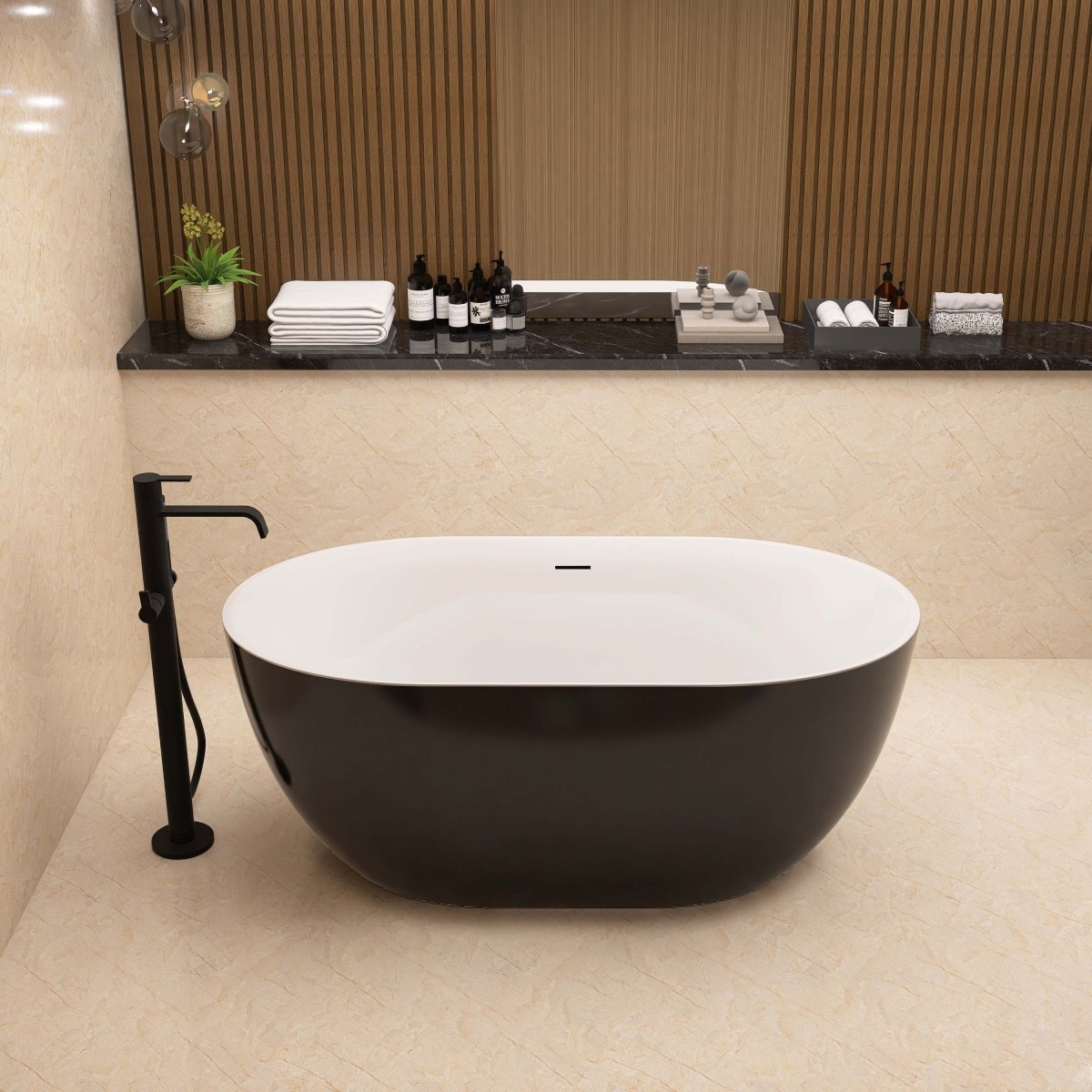 ExBrite 59" Acrylic Bathtub Free Standing Tub Oval Shape Soaking Tub Adjustable Freestanding Chrome Pop-up Drain Anti-clogging Black